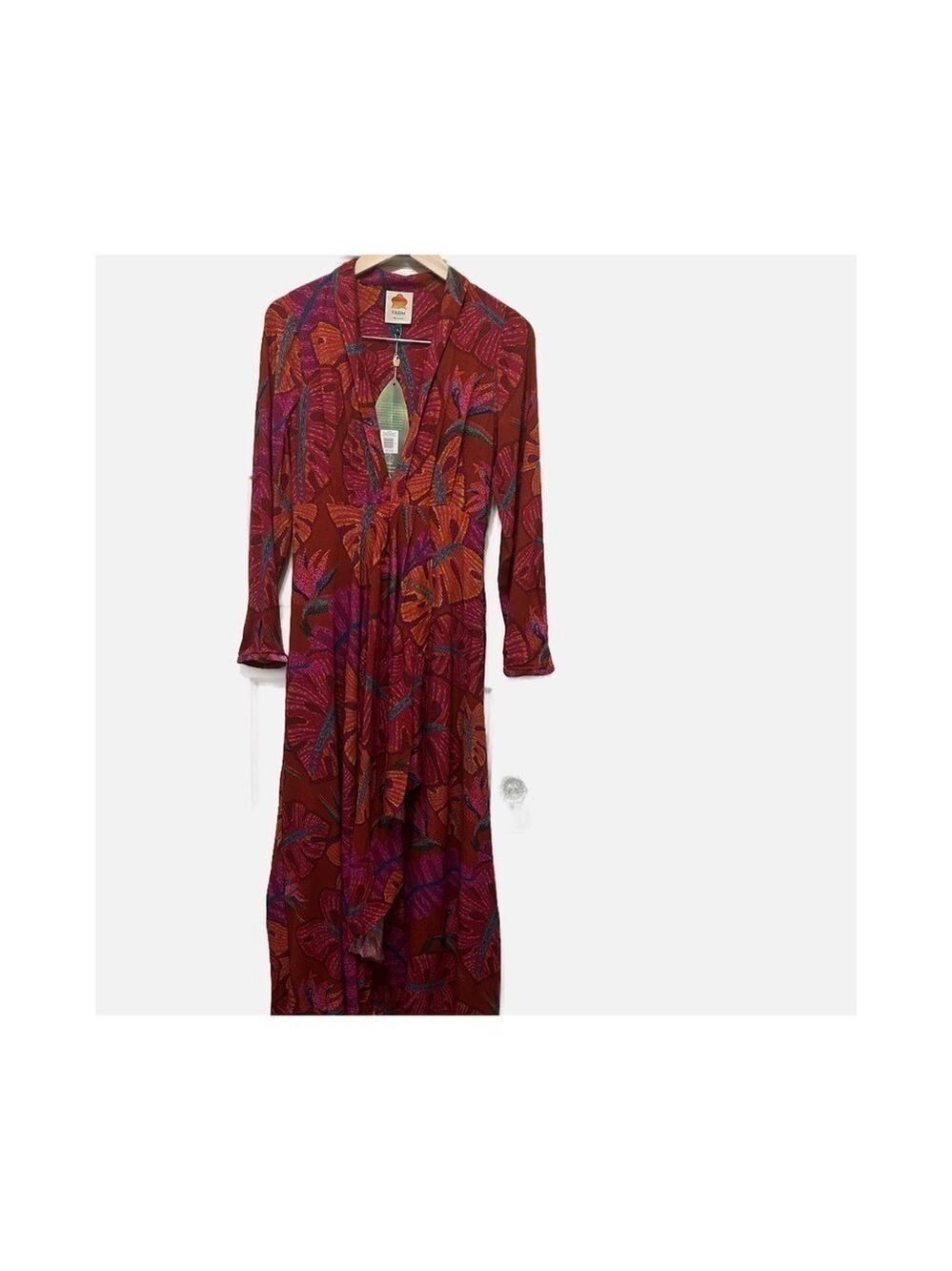 Farm Rio Dress Delicate Leaves Maxi Sz SML 100% Rayon Low V Neck Side Zip NWT